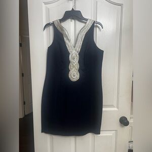 Taylor Midnight Blue Dress with Gold and Silver Accents